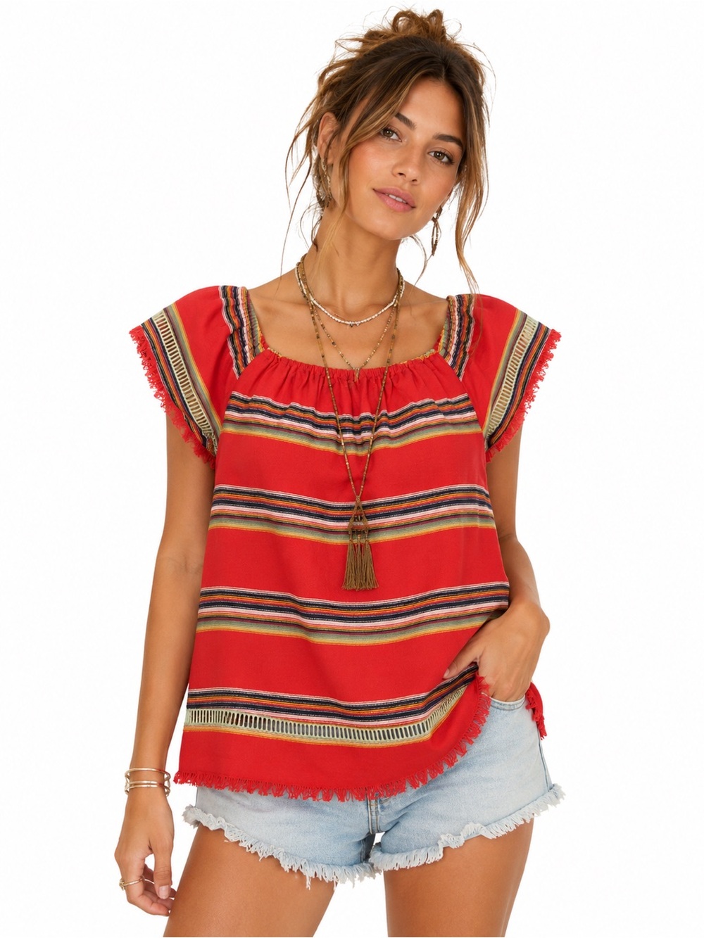 dRA Orange Stripe Fringe Off-Shoulder Boho Blouse M